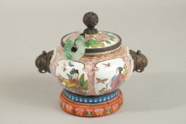 A CHINESE ENAMELLED CENSER AND COVER with fitted stand.