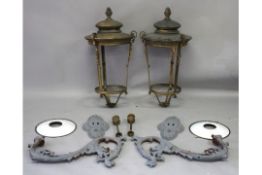 A LARGE PAIR OF BRASS LANTERNS AND SUPPORTS. 2ft 10ins high.