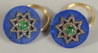 AN UNUSUAL PAIR OF LAPIZ LAZULI, DIAMOND AND EMERALD SILVER GILT STARBURST CUFFLINKS, boxed. Disc-