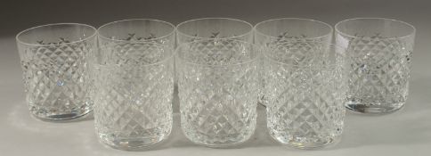 A SET OF EIGHT ALANA FLAT BASE WHISKY TUMBLERS. 8cms high.