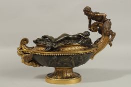 A GOOD LOUIS XVI DESIGN BRONZE AND ORMOLU EGYPTIAN LAMP with Satyr handle and sleeping nude. 42cms