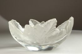 A LALIQUE FROSTED GLASS LEAF BOWL. Etched Lalique France. 19cms long.