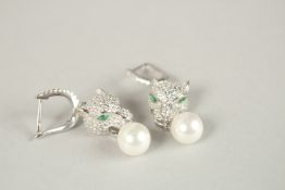 A PAIR OF SILVER PANTHER AND PEARL DROP EARRINGS.