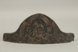 A GEORGE III METAL MITRE CAP PLATE. 
