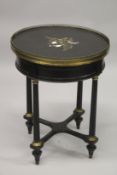 A GOOD 19TH CENTURY CIRCULAR SLATE AND PIETRA DURA GUERIDON with brass galleried top inlaid with a