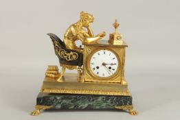 AN 18TH CENTURY FRENCH REGENCY ORMOLU AND MARBLE CLOCK with a young lady sitting on a chair with