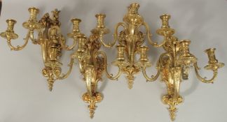 A VERY GOOD SET OF FOUR LOUIS XVI THREE-LIGHT ORMOLU WALL SCONCES with pineapple, leaves and