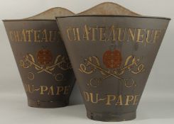 A PAIR OF TIN GREY GRAPE HOPPERS, 'Chateauneuf-Du-Pape', with leather strap. 62cms high.