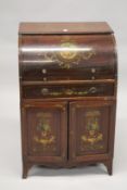 A SHERATON REVIVAL MAHOGANY INLAID CYLINDER BUREAU painted and inlaid with classical scenes,