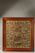 A RARE 18TH CENTURY SAMPLER in a rosewood glazed frame, tigers, peacocks, figures, flowers, etc.