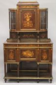 A GOOD LATE 19TH CENTURY ROSEWOOD AND MARQUERTY INLAID CABINET, the brass galleried upper sections