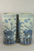 A PAIR OF CHINESE BLUE AND WHITE STICK STANDS. 64cms high.