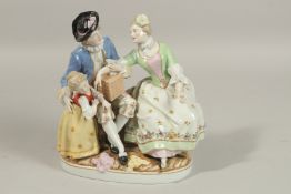 A SITZENDORF PORCELAIN FAMILY GROUP, a lady holding a book on a mans knee, a young girl by his side.