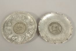 TWO CHINESE COIN DISHES. 10cms diameter.