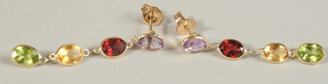 A PAIR OF 18CT GOLD MULTI-GEM DROP EARRINGS.