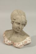A PARTIALLY GLAZED STONEWARE HEAD AND SHOULDERS OF A YOUNG LADY. 20cms high.