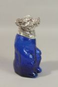 A BLUE GLASS AND PLATE NOVELTY BEAR CLARET JUG. 23cms high.