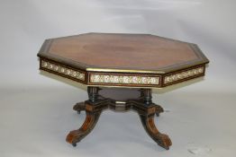 A LATE 19TH CENTURY AMBOYNA, EBONY AND ORMOLU MOUNTED OCTAGONAL CENTRE TABLE with a frieze inlaid