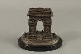 A 19TH CENTURY PLATED MODEL OF THE ARC DE TRIOMPHE, possibly by ELKINGTON & CO., on a black oval