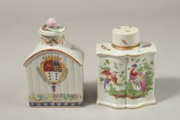 TWO, POSSIBLY SAMSON, PORCELAIN TEA CADDIES AND COVERS, one with a crest, the other birds. 13cms