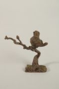A JAPANESE BRONZE BIRD ON A STAND. 19cms high.