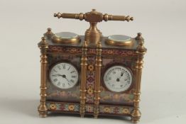 A SMALL FRENCH GILT METAL AND CLOISONNE ENAMEL DOUBLE CLOCK with carrying handle. 14cms high.