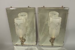 A PAIR OF 20TH CENTURY GIRANDOLE MIRRORS, with stylised engraved and etched mirror plate, the single