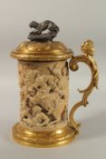 A LARGE ELKINGTON & CO., No. 1332, ORMOLU AND FICTILE IVORY LIDDED TANKARD, after a 16th century