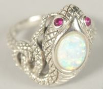 A SILVER OPAL SNAKE RING. Ring size (R).