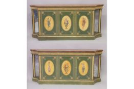 A VERY GOOD PAIR OF PAINTED SHERATON SIDE CABINETS, FAUX SATINWOOD, painted with garlands, the front
