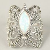 A SILVER MARCASITE AND OVAL OPAL BUTTERFLY RING. Ring size (P).