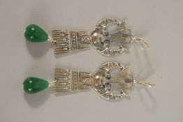 A PAIR OF SILVER AND JADE EGYPTIAN EARRINGS.