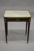 A SUPERB MARBLE TOP SIDE TABLE by GERVAIS DURAND with brass gallery, single drawer, on tapering