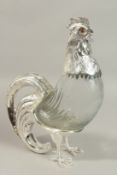 A GOOD LARGE PLAIN GLASS AND PLATE NOVELTY COCKEREL CLARET JUG. 35cms high.