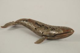 A CHINESE BRONZE FISH CENSER, 16cms high.