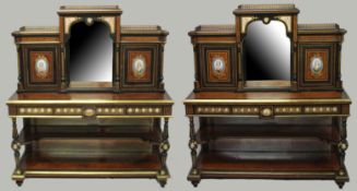 A SUPERB PAIR OF 19TH CENTURY THUYA, EBONY, ORMOLU AND PORCELAIN SIDE CABINETS, the upper sections