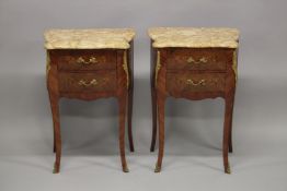 A GOOD PAIR OF 20TH CENTURY KINGWOOD AND MARQUERTY SERPENTINE OUTLINE THREE DRAWER PETIT COMODES