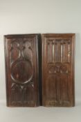 A PAIR OF EARLY OAK PANEL PEW ENDS. 80cms long x 36cms wide.