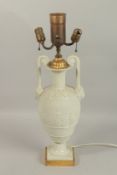 A GOOD BISQUE CLASSICAL TWO-HANDLED URN LAMP. 66cms high overall.