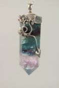 A SILVER TWO COLOUR AMETHYST CRYSTAL PENDANT AND CHAIN.