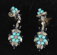 A GOOD PAIR OF 18CT WHITE GOLD, DIAMOND, TURQUOISE AND SAPPHIRE DROP EARRINGS.