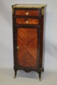 AN 18TH CENTURY FRENCH KINGWOOD ORMOLU AND MARBLE CABINET with brass galleried marble top, two short