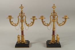 A SUPERB PAIR OF CLASSICAL GILT BRONZE AND MARBLE TWO-LIGHT CANDLESTICKS with curving branches on
