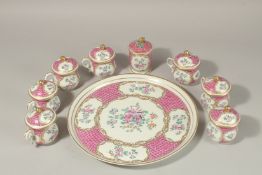 A SAMSON FAMILLE ROSE CABARET SET with a circular tray, 28cms diameter, seven cups and lids and a