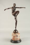 AFTER J. PHILLIP A BRONZE DANCER. Signed, on a marble base. 56cms high.