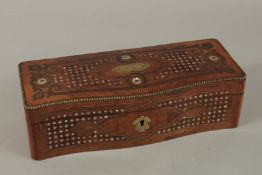A GOOD 19TH CENTURY BRASS AND SHELL INLAID GLOVE BOX with lift up top and folding down front.