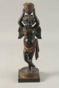 AN 18TH CENTURY FRENCH BRONZE CUPID, CIRCA. 1790, holding a basket on her head, on a circular base