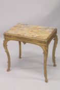 A VERY GOOD 18TH CENTURY ENGLISH RECTANGULAR TOP SIDE TABLE with marble top, on four curving gilt