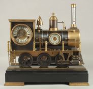 A VERY GOOD REPLICA INDUSTRIAL TRAIN CLOCK with three dials as a locomotive, on a marble base. 46cms