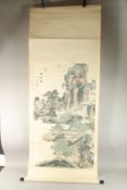 A LARGE CHINESE SCROLL LANDSCAPE PICTURE ON PAPER, inscribed upper left with four red seal marks,